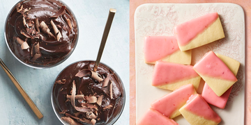 chocolate pudding next to shortbread cookie with pink icing