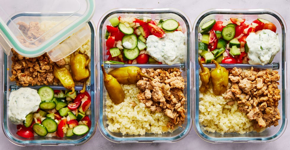 ground turkey with cauliflower rice, cucumber salad, and tzatziki