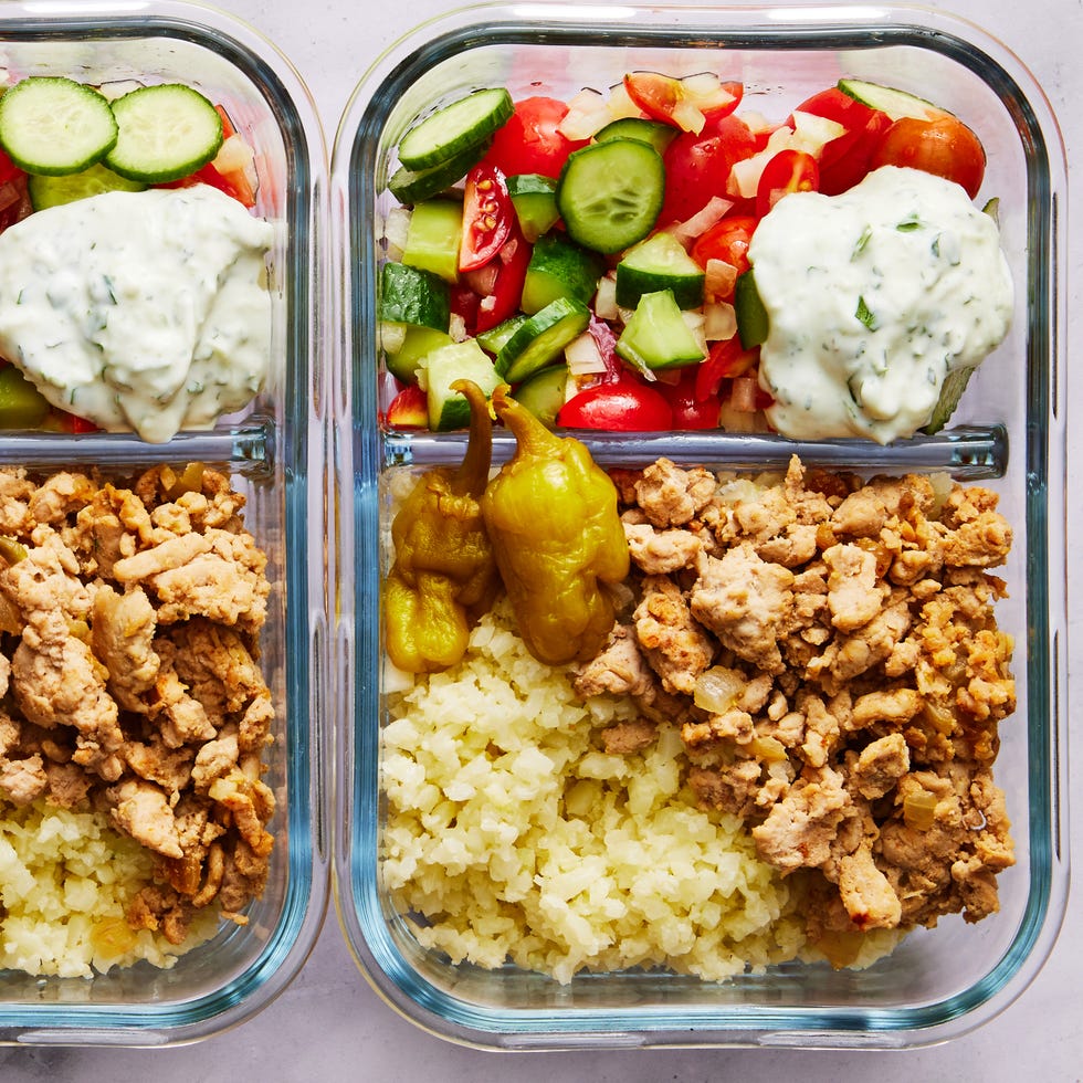 ground turkey with cauliflower rice, cucumber salad, and tzatziki