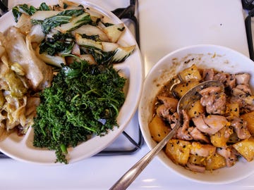pineapple orange chicken  greens  bok choy huauzontle iceberg