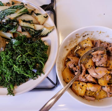 Pineapple Orange Chicken & Greens - Delish.com pineapple orange chicken greens bok choy huauzontle iceberg