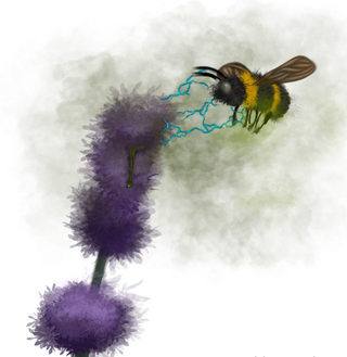 bee interacting with a purple flower with a blue illustration around it depicting a magnetic field
