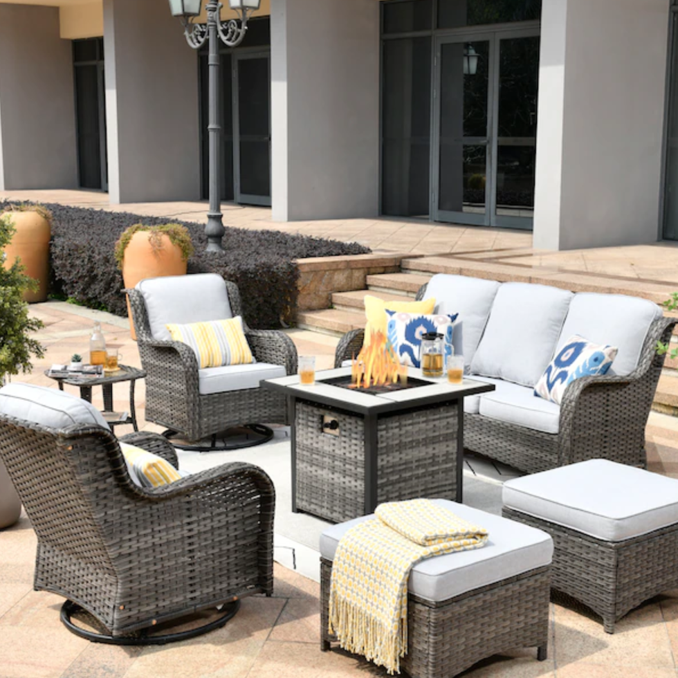 pouuin  7 piece rattan patio conversation set with olefin cushions