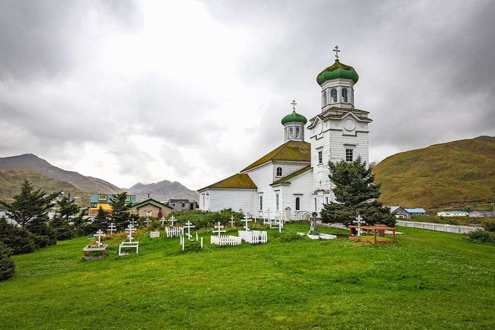 De Church of the Holy Ascension de Russischorthodoxe kerk van Dutch Harbor op het eiland Unalaska