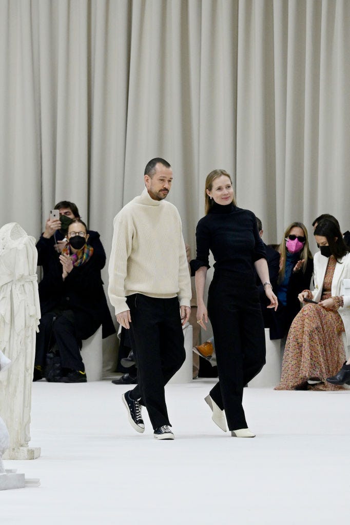 milan, italy february 26 fashion designers lucie meier and luke meier acknowledges the applause of the audienceat the jil sander fashion show during the milan fashion week fallwinter 20222023 on february 26, 2022 in milan, italy photo by pietro s dapranogetty images