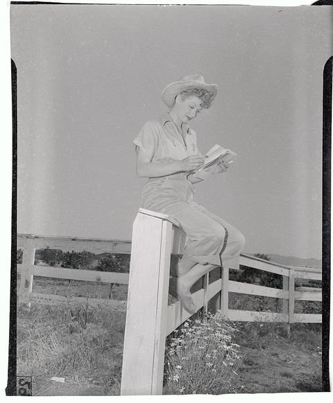 lucille ball sitting on fence and reading