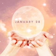 two hands hold up a full moon on which reads the words "january 28"