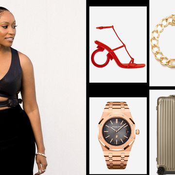 shiona turini wears an alaia top next to a collage of her favorite items in harper's bazaar's lucky 13 franchise
