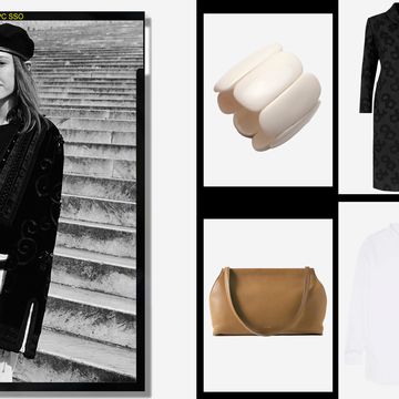 a black and white portrait of sophia roe wearing a beret, sweater, and trousers, next to a collage of her favorite copenhagen style items