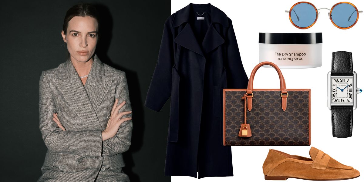 a collage of meg strachan of dorsey with her favorite items for her harpers bazaar lucky 13 column