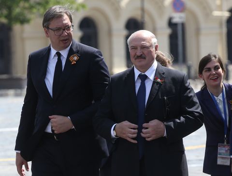 moscow, russia   june,24 russia out belarussian president alexander lukashenko c and serbian president aleksandar vucic l  seen at red square during the military parade marking the 75th anniversary of nazi defeat, on june,24,2020 in moscow, russia the requirement to wear masks and gloves to combat a spread of the coronavirus covid 19 is still in effect in moscow photo by mikhail svetlovgetty images