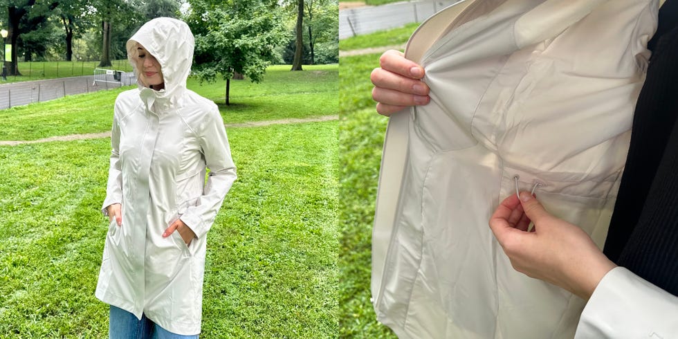 a woman modeling a white raincoat from lululemon and showing a close up of the elastic drawstring in the waist