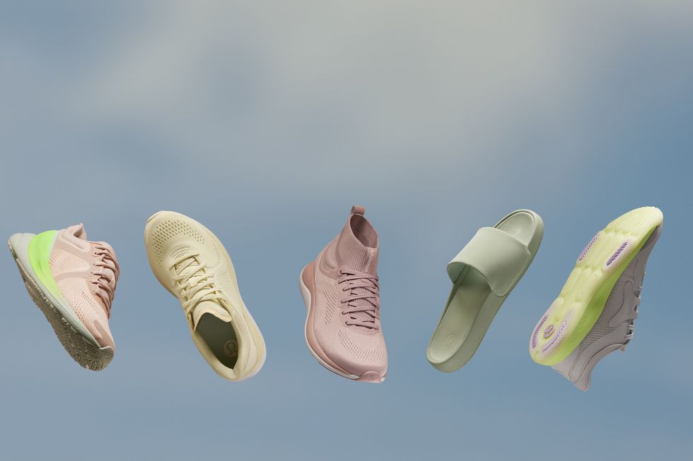 lululemon footwear line on a sky blue background