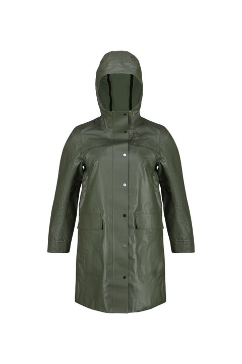 product cut out image of khaki waterproof jacket with popper buttons and hood