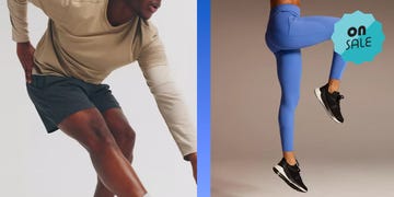 a male athlete stretching while a female athlete displays leggings on sale