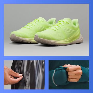 lululemon colour-block running shirt, blissfeel shoes, tshirt, half zip, shorts