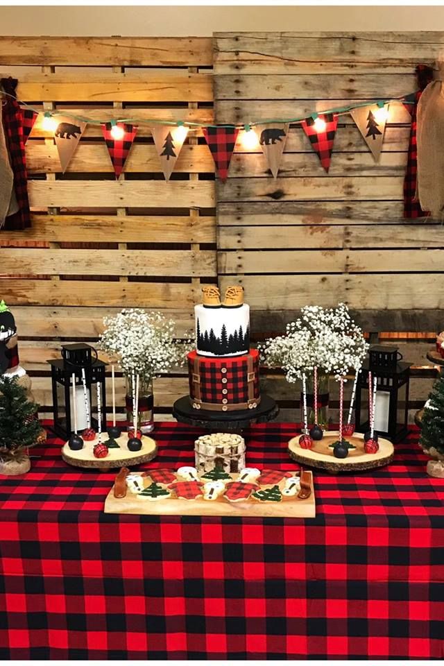 a buffalo plaidcovered dessert table, a great baby shower idea