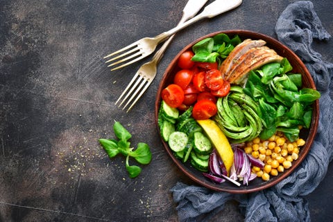 Lunch bowl with vegetables,beans and chicken meat