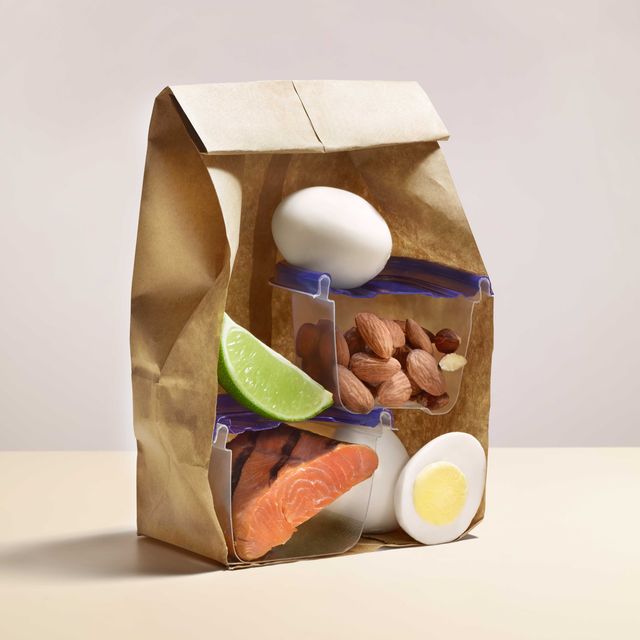 brown bag with healthy lunch, lunch hour, healthy fats, egg, salmon, almonds