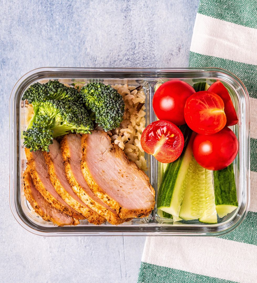 Healthy balanced lunch box with chicken, rice, vegetables