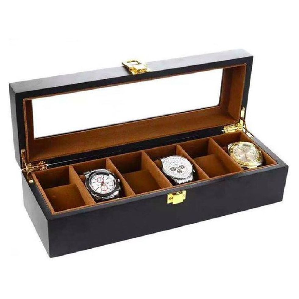 luxe houten horloge box   geschikt voor horloges en sieraden   6 compartimenten met 6 kussentjes   bruin