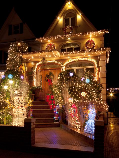 luxury brooklyn house with christmas lights at night, new york
