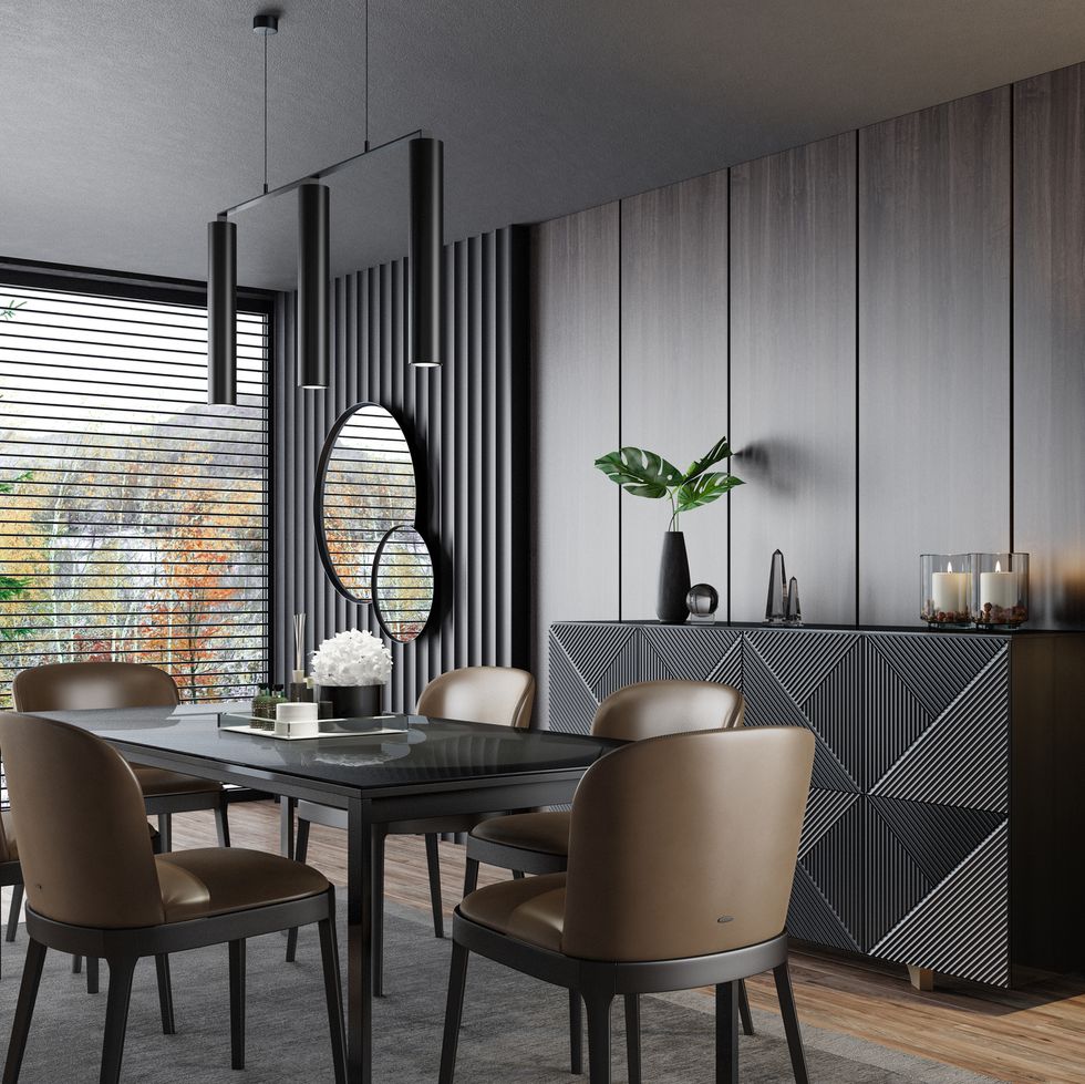 luxury dark dining room interior with table and six chairs