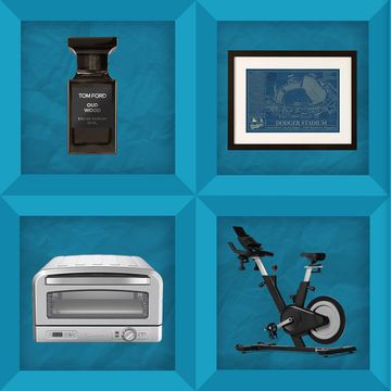 cologne, framed dodgers stadium print, poker set, exercise bike, indoor pizza oven