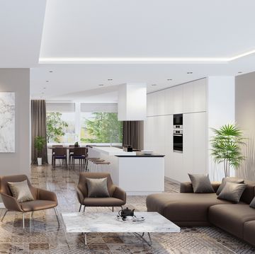 luxury living room interior with modern minimalist kitchen