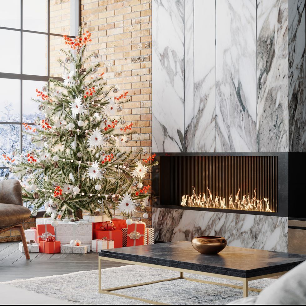 luxury living room with fireplace and christmas decoration