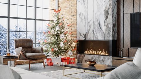 luxury living room with fireplace and christmas decoration