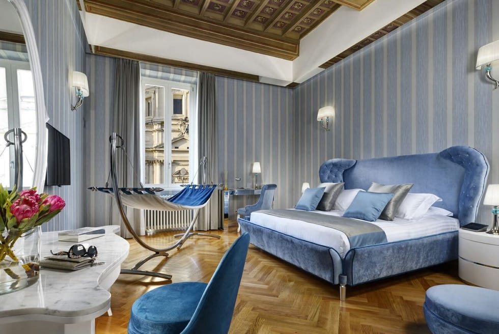 a room with a couch and hammock