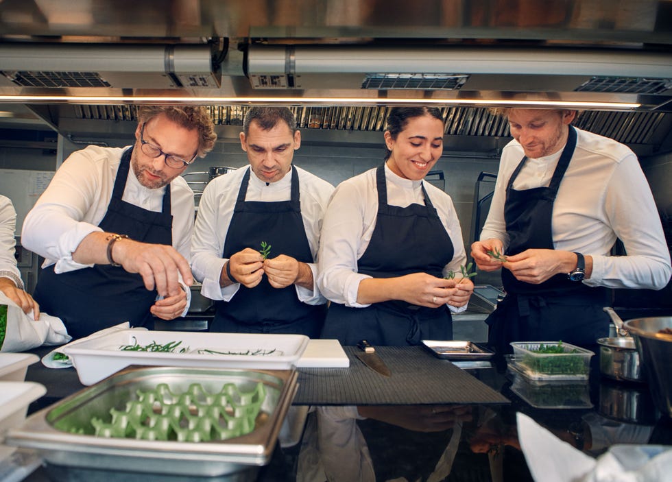 chefs preparing herbs in a professional kitchen environment