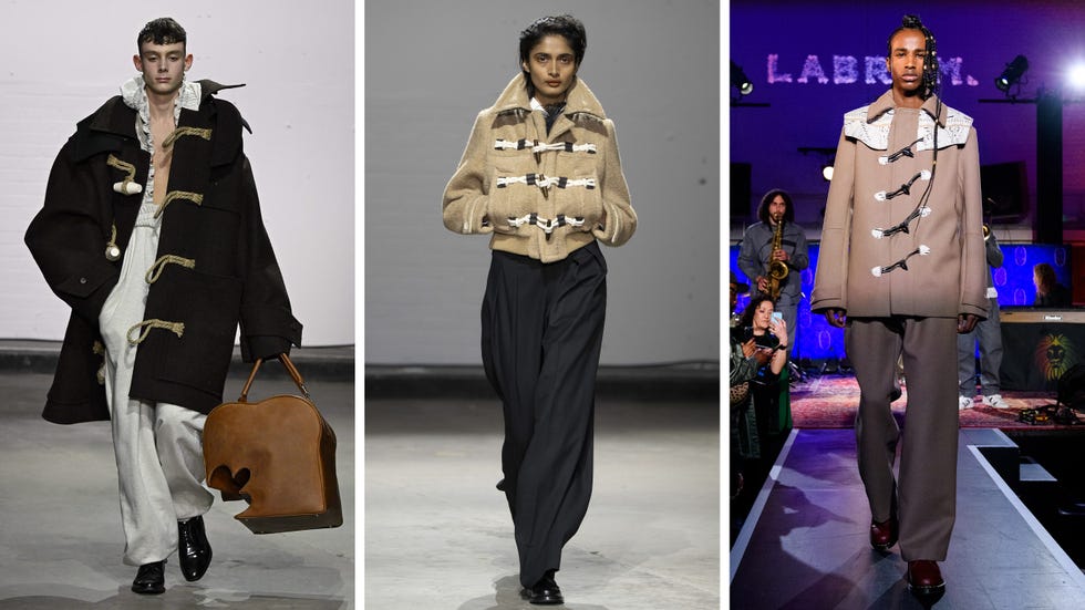 models showcasing three unique outerwear designs on a runway