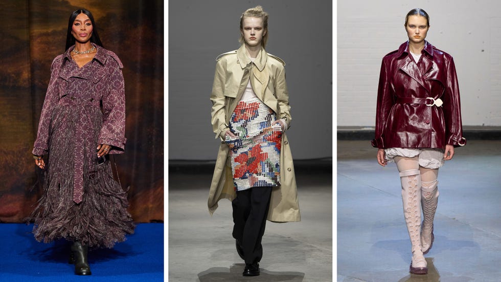 fashion runway featuring three models in distinctive outerwear styles
