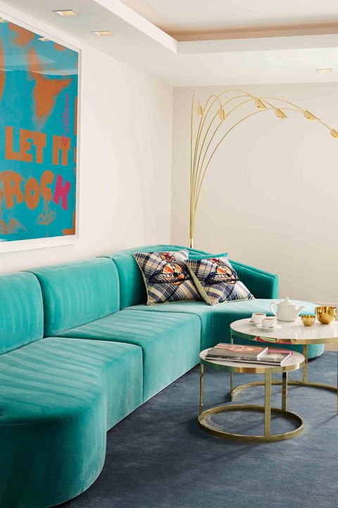 Furniture, Living room, Room, Green, Interior design, Blue, Turquoise, Couch, Yellow, Table, 