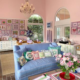 Furniture, Room, Living room, Pink, Green, Interior design, Property, Home, Couch, Wall, 