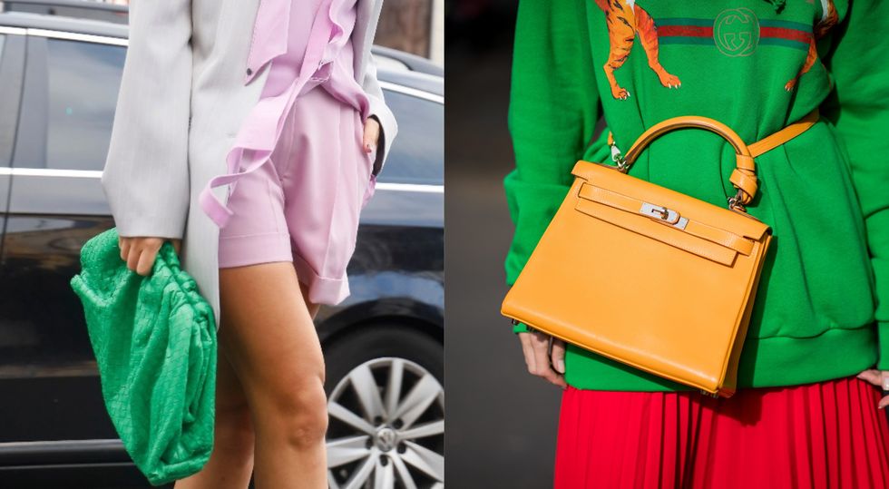 Green, Bag, Street fashion, Handbag, Clothing, Pink, Yellow, Fashion, Orange, Fashion accessory, 