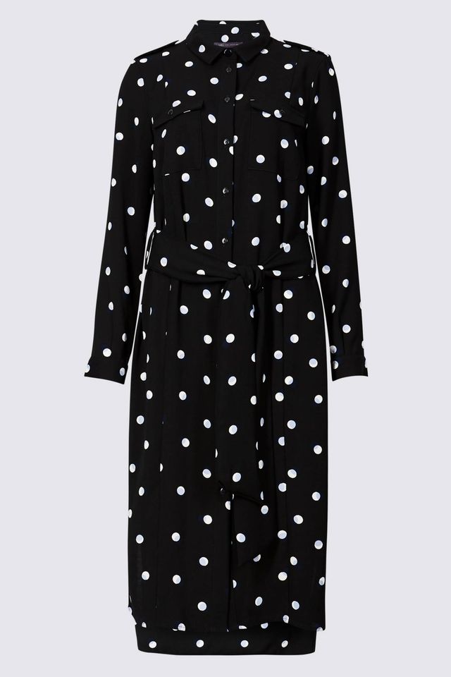Clothing, Pattern, Polka dot, Day dress, Design, Dress, Outerwear, Sleeve, Coat, Trench coat, 