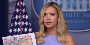 washington, dc   june 17  white house press secretary kayleigh mcenany holds up a copy of the new york post during a news briefing at the james brady press briefing room of the white house june 17, 2020 in washington, dc mcenany held a news briefing to answer questions from members of the press  photo by alex wonggetty images