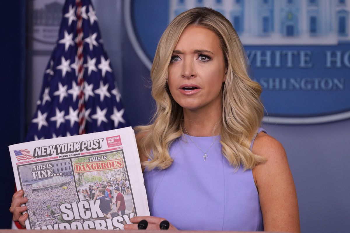 washington, dc   june 17  white house press secretary kayleigh mcenany holds up a copy of the new york post during a news briefing at the james brady press briefing room of the white house june 17, 2020 in washington, dc mcenany held a news briefing to answer questions from members of the press  photo by alex wonggetty images
