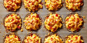 mac and cheese with pepperonis in a muffin tin shape