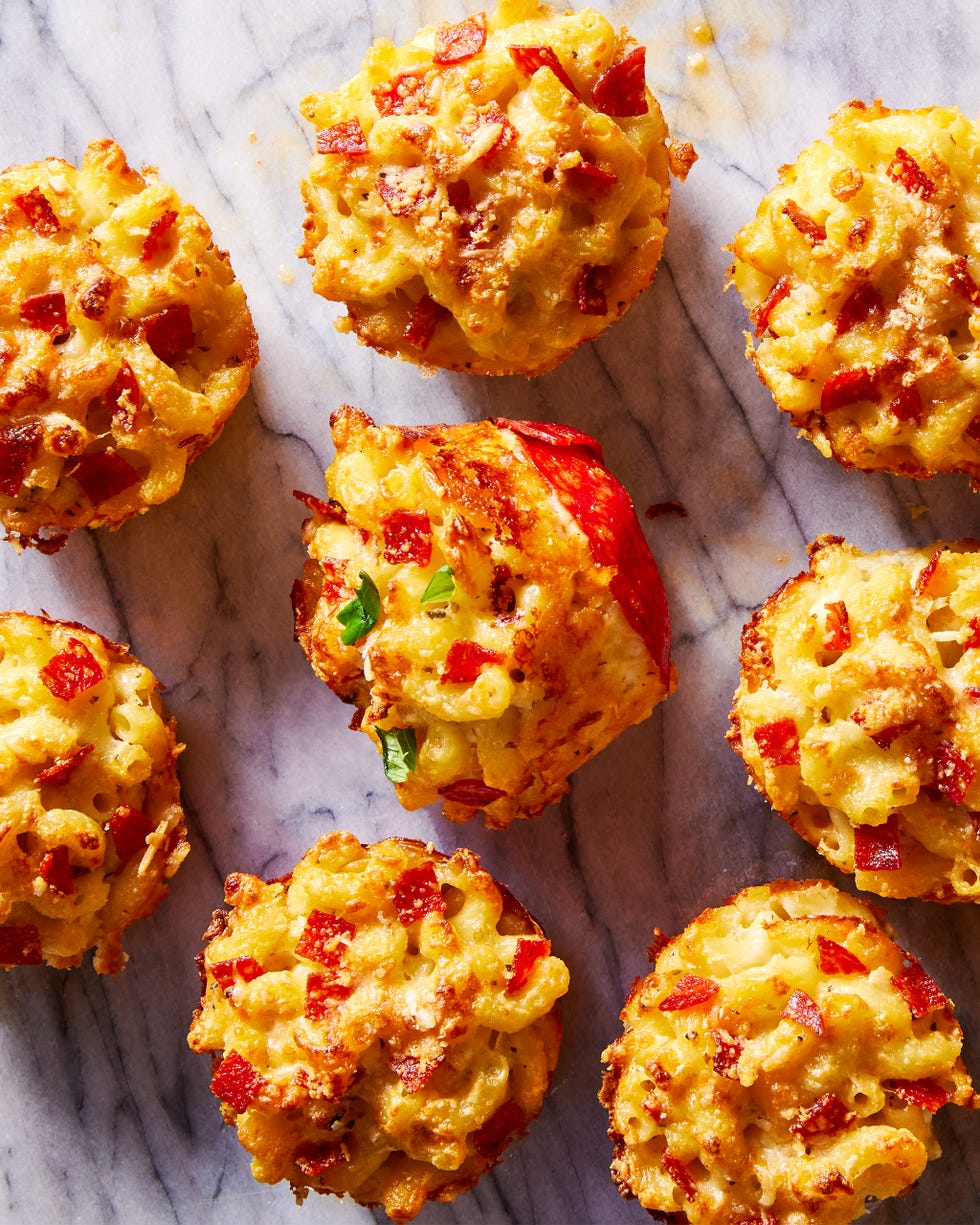 mac and cheese with pepperonis in a muffin tin shape