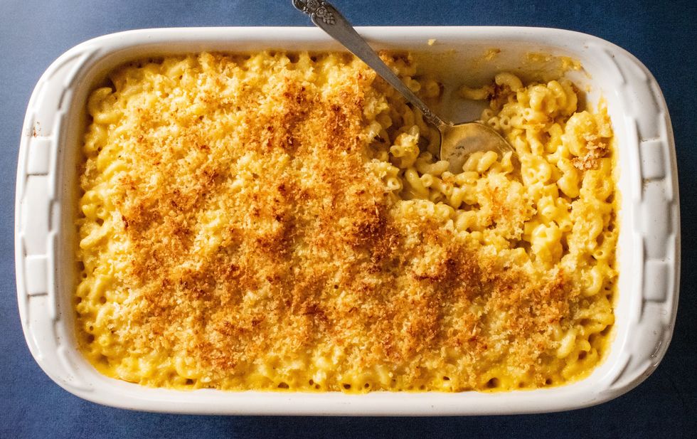 a large pyrex full of baked macaroni and cheese