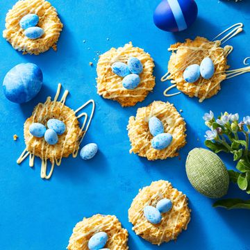 blue chocolate eggs nestled in a chewy coconut cookie