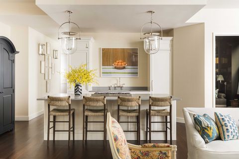 white kitchen, bar stools, clear hanging lights