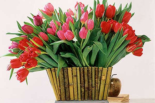 un arreglo floral con tulipanes y bambú