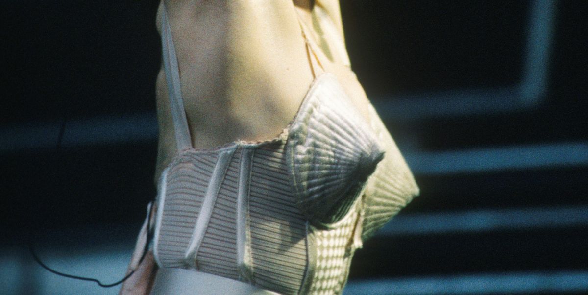 blonde ambition tour, madonna, feyenoord stadion, de kuip, rotterdam, holland, 24071990 she is wearing a jean paul gaultier conical bra corset photo by gie knaepsgetty images