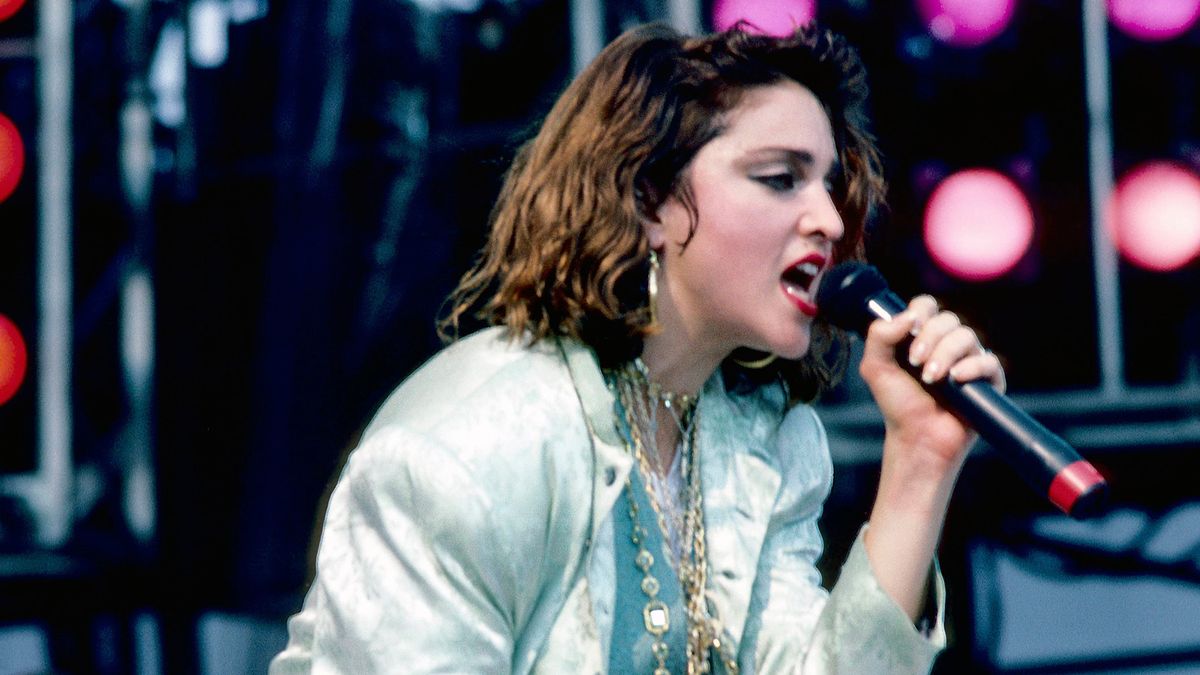 Madonna 80's: Madonna performs for Live Aid to raise funds for the Ethopian famine in 1985. Philadelphia, PA, 1985.