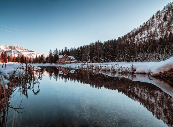 Snow, Reflection, Nature, Natural landscape, Winter, Sky, Wilderness, Water, Tree, Mountain, 
